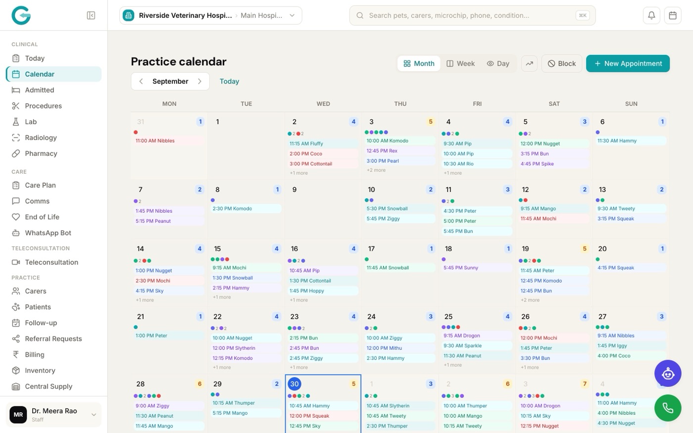 The practice calendar in month view, each day listing appointments colour-coded by visit type, with a count per day.