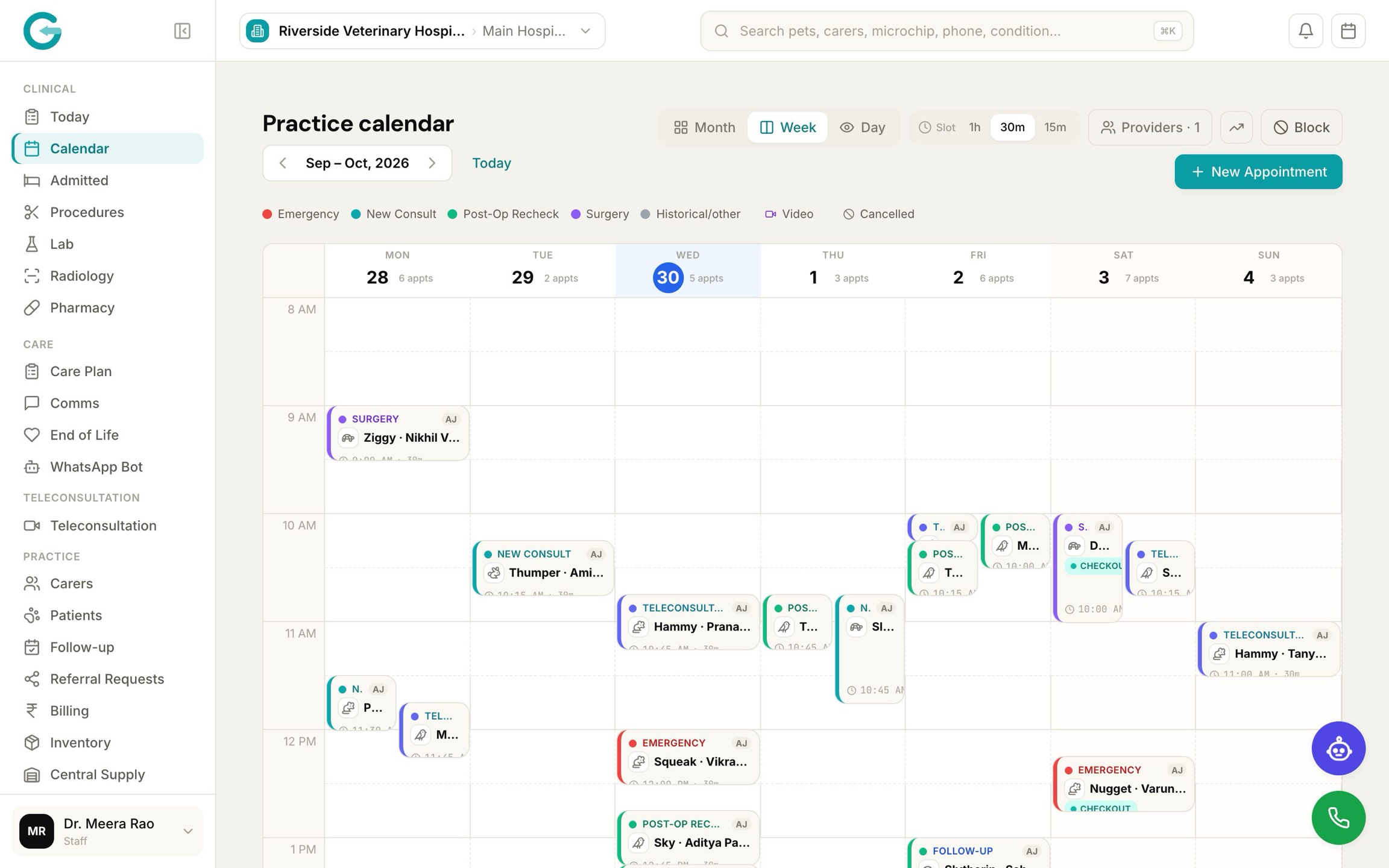 The Genesys practice calendar: a week of appointments colour-coded by visit type — surgery, new consults, post-op rechecks, teleconsultations and emergencies.